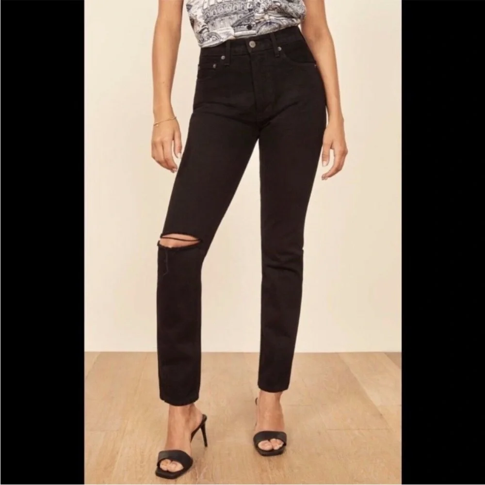 Reformation SAMPLE Julia High Cigarette Jeans Black Destroyed with Knee Patch